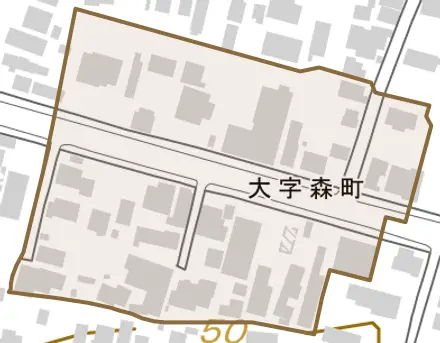 大字森町とその周辺の地図。町の範囲を重ねている