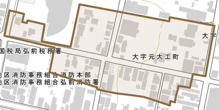 大字元大工町とその周辺の地図。町の範囲を重ねている