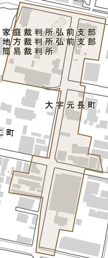 大字元長町とその周辺の地図。町の範囲を重ねている