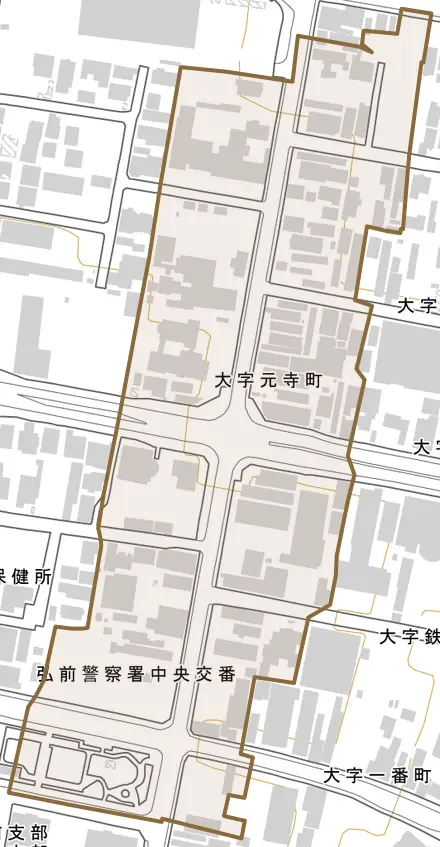 大字元寺町とその周辺の地図。町の範囲を重ねている
