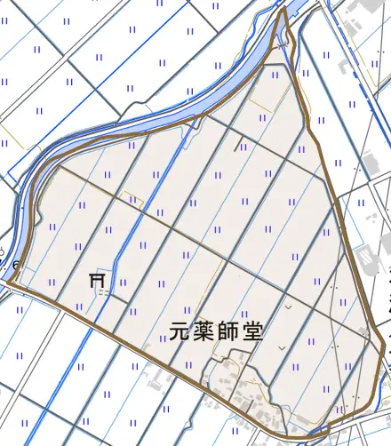 大字元薬師堂とその周辺の地図。町の範囲を重ねている