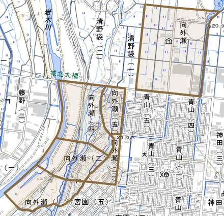 大字向外瀬とその周辺の地図。町の範囲を重ねている