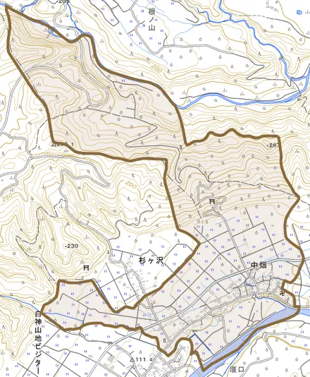大字中畑とその周辺の地図。町の範囲を重ねている