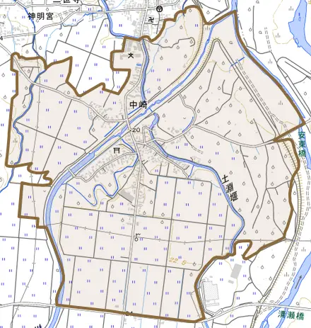 大字中崎とその周辺の地図。町の範囲を重ねている