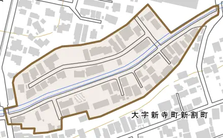 大字南塘町とその周辺の地図。町の範囲を重ねている