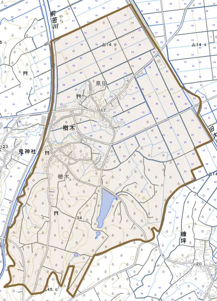 大字楢木とその周辺の地図。町の範囲を重ねている