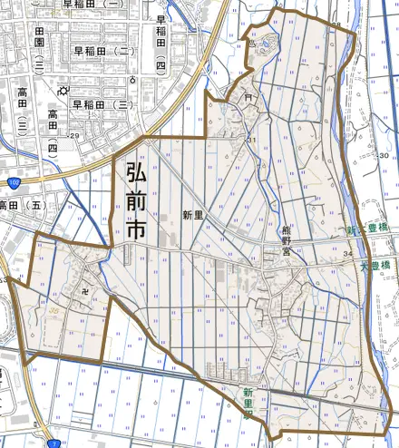 大字新里とその周辺の地図。町の範囲を重ねている