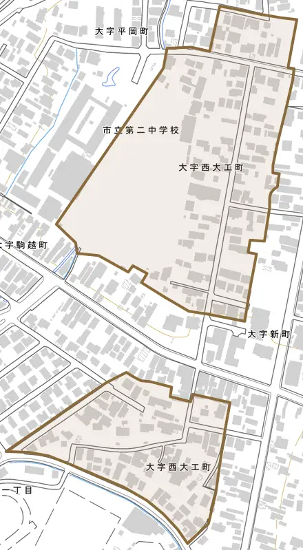 大字西大工町とその周辺の地図。町の範囲を重ねている