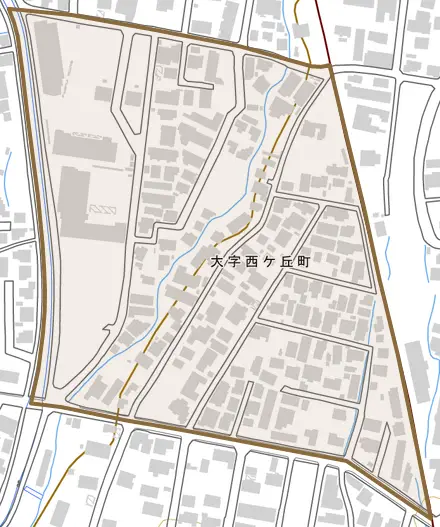 大字西ケ丘町とその周辺の地図。町の範囲を重ねている