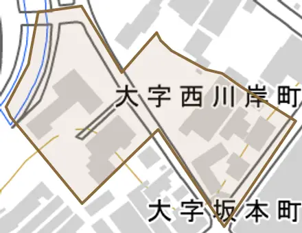 大字西川岸町とその周辺の地図。町の範囲を重ねている