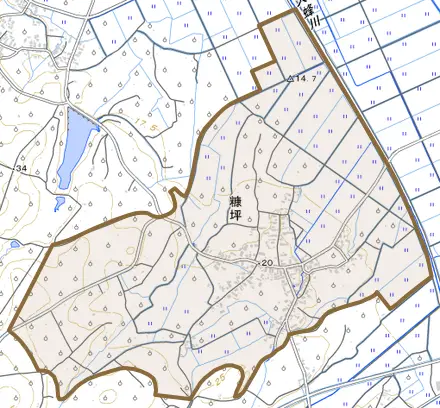 大字糠坪とその周辺の地図。町の範囲を重ねている