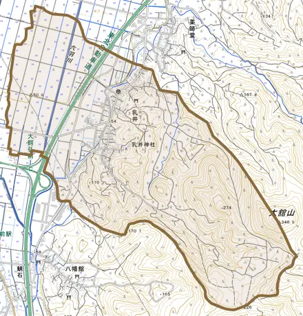 大字乳井とその周辺の地図。町の範囲を重ねている