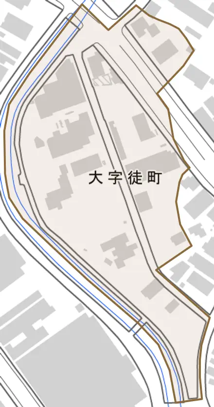 大字徒町とその周辺の地図。町の範囲を重ねている