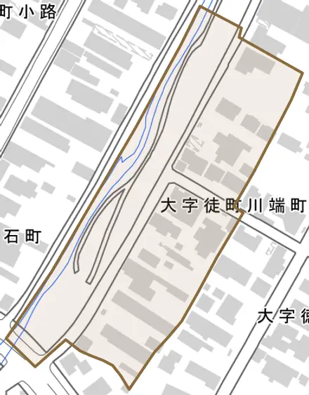 大字徒町川端町とその周辺の地図。町の範囲を重ねている