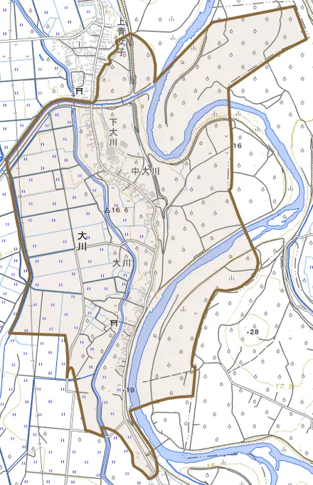 大字大川とその周辺の地図。町の範囲を重ねている