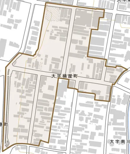 大字桶屋町とその周辺の地図。町の範囲を重ねている
