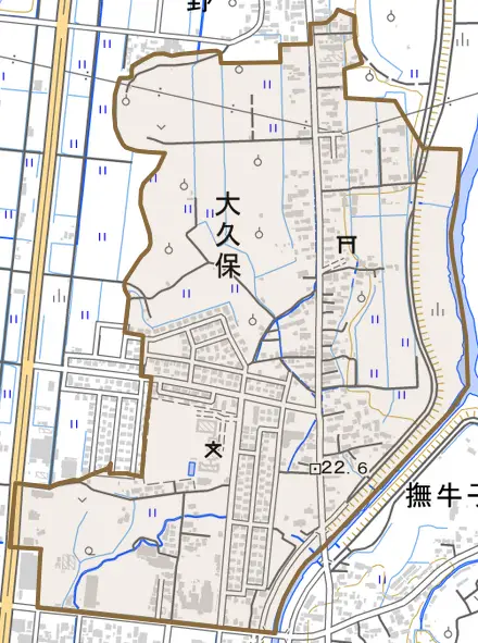 大字大久保とその周辺の地図。町の範囲を重ねている