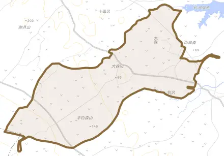 大字大森とその周辺の地図。町の範囲を重ねている
