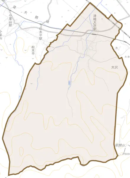 大字大沢とその周辺の地図。町の範囲を重ねている