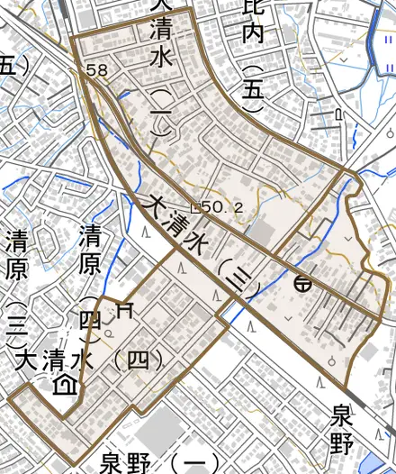 大字大清水とその周辺の地図。町の範囲を重ねている