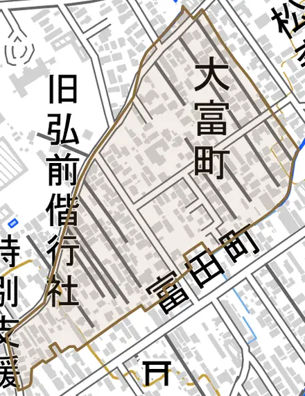 大字大富町とその周辺の地図。町の範囲を重ねている