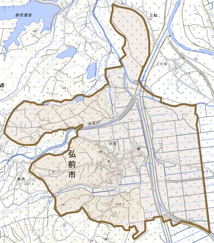 大字小友とその周辺の地図。町の範囲を重ねている