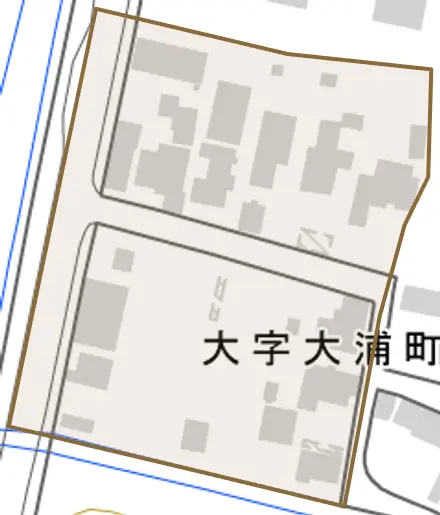 大字大浦町とその周辺の地図。町の範囲を重ねている