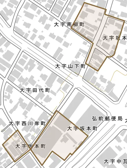 大字坂本町とその周辺の地図。町の範囲を重ねている