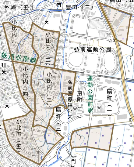 大字小比内とその周辺の地図。町の範囲を重ねている