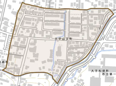 大字山王町とその周辺の地図。町の範囲を重ねている