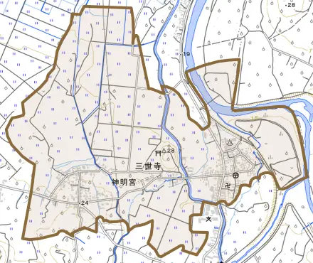 大字三世寺とその周辺の地図。町の範囲を重ねている