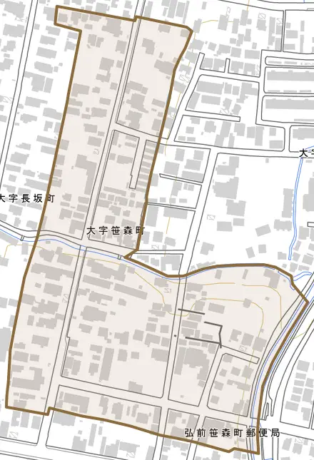 大字笹森町とその周辺の地図。町の範囲を重ねている
