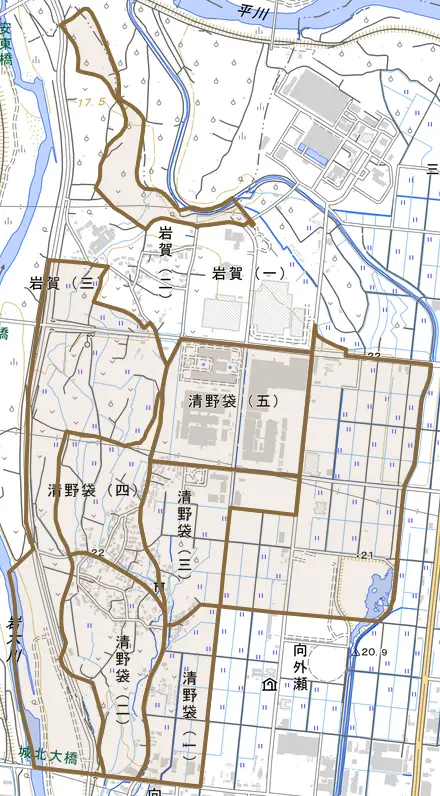 大字清野袋とその周辺の地図。町の範囲を重ねている