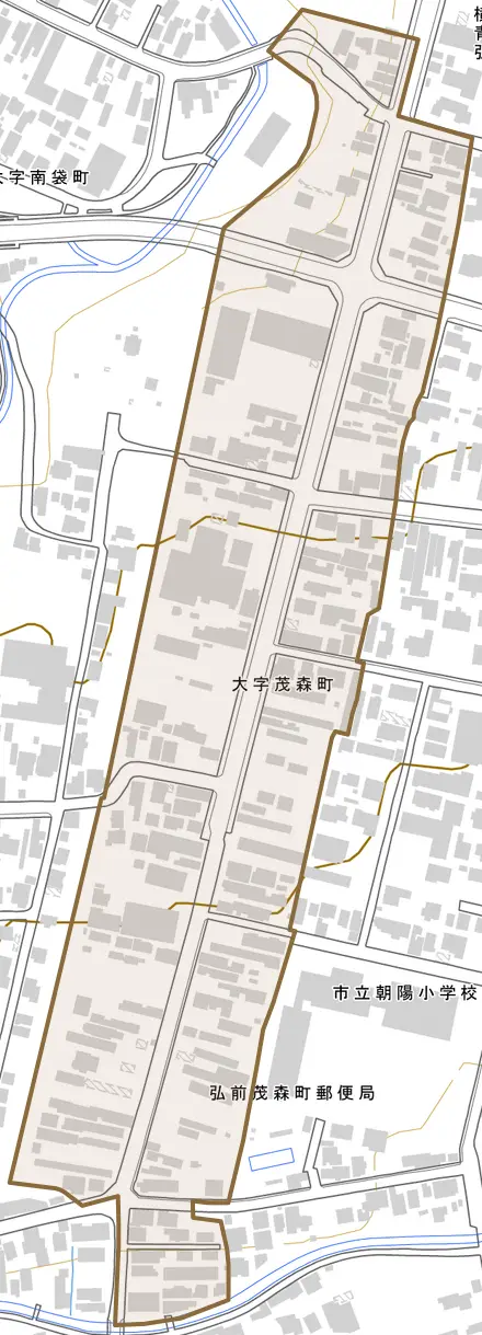 大字茂森町とその周辺の地図。町の範囲を重ねている