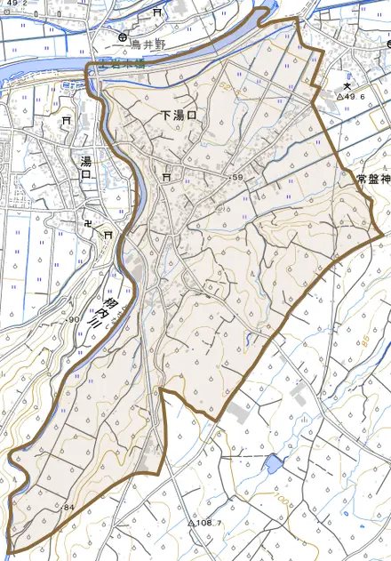 大字下湯口とその周辺の地図。町の範囲を重ねている