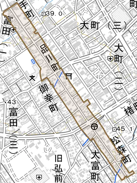 大字品川町とその周辺の地図。町の範囲を重ねている