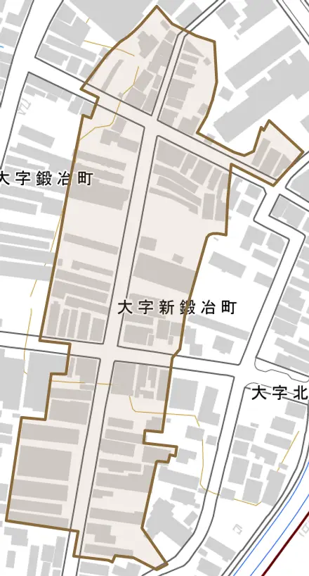 大字新鍛冶町とその周辺の地図。町の範囲を重ねている