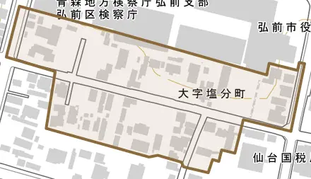 大字塩分町とその周辺の地図。町の範囲を重ねている