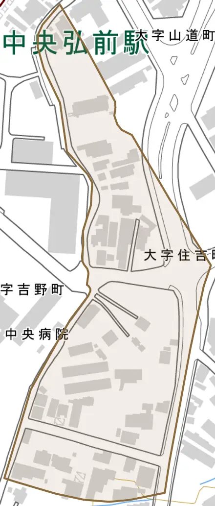 大字住吉町とその周辺の地図。町の範囲を重ねている