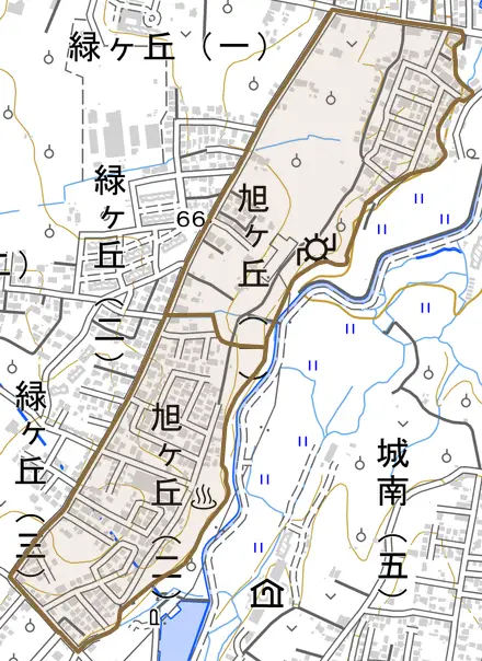 大字旭ケ丘とその周辺の地図。町の範囲を重ねている