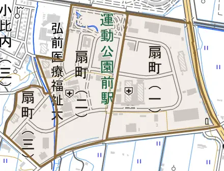 大字扇町とその周辺の地図。町の範囲を重ねている