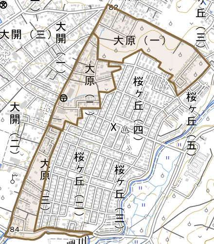大字大原とその周辺の地図。町の範囲を重ねている