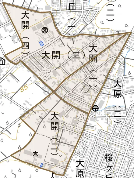 大字大開とその周辺の地図。町の範囲を重ねている