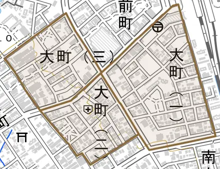 大字大町とその周辺の地図。町の範囲を重ねている