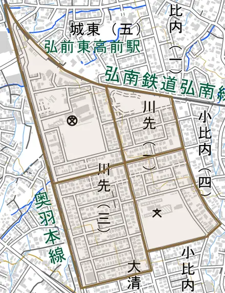 大字川先とその周辺の地図。町の範囲を重ねている