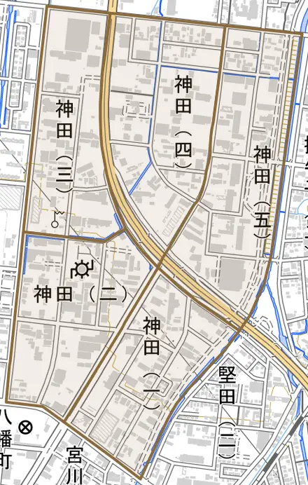 大字神田とその周辺の地図。町の範囲を重ねている
