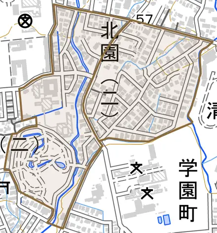 大字北園とその周辺の地図。町の範囲を重ねている
