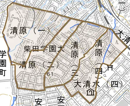 大字清原とその周辺の地図。町の範囲を重ねている