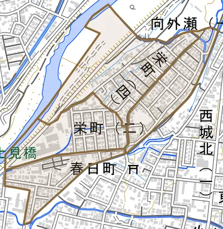 大字栄町とその周辺の地図。町の範囲を重ねている