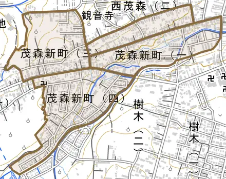大字茂森新町とその周辺の地図。町の範囲を重ねている